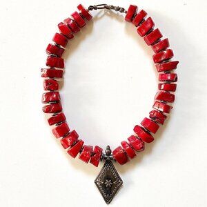 Vintage Blood Red Coral Chunky Sterling Silver Pendant Necklace 20" 10.3oz